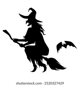 A silhouette of a witch flying on a broom accompanied by a bat is isolated on a clean white background, evoking a sense of magic and mystery.