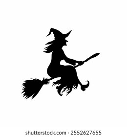 Silhouette of a witch flying on a broom isolated on white. Vector illustration