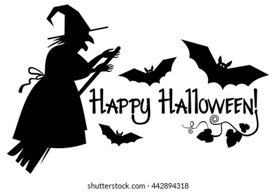 Silhouette of a witch flying on broom and holiday greeting "Happy Halloween!".Vector clip art.