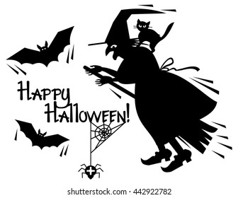 Silhouette of a witch flying on broom and holiday greeting "Happy Halloween!". Vector clip art.