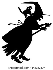 Silhouette of a witch flying on broom. Vector clip art.