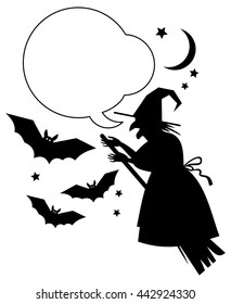 Silhouette of a witch flying on broom with empty speech bubbles.Vector clip art