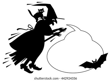 Silhouette of a witch flying on broom with empty speech bubbles.Vector clip art