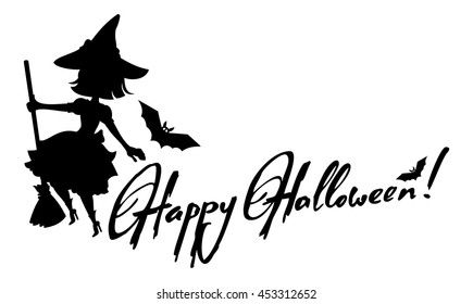 Silhouette of a witch flying on broom and holiday greeting "Happy Halloween!".Vector clip art.