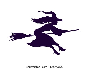 Silhouette witch flying on broom. Halloween symbol. Vector