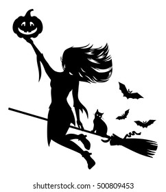 Silhouette of a witch flying on broom with black cat and Halloween pumpkin.Vector clip art.