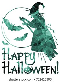 Silhouette of a witch flying on broom and holiday greeting "Happy Halloween!". Vector clip art.