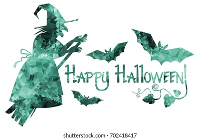 Silhouette of a witch flying on broom and holiday greeting "Happy Halloween!". Vector clip art.