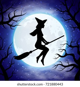 Silhouette of witch flying on the broom in Halloween night. Halloween witch on broom. Vector illustration