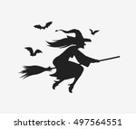 Silhouette witch flying on broomstick. Halloween vector
