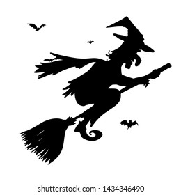 Silhouette of a witch flying on a broomstick. Happy Halloween. Vector illustration.
