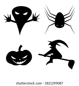 Silhouette witch flying on broomstick and The ghost spread his hand scary, Creepy spider with Halloween pumpkin head Jack-o-lantern isolated on white background, Halloween party icon