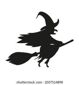 Silhouette of a witch flying on a broomstick. Halloween. 
