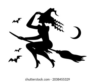 Silhouette witch flying on broomstick with bat, moon isolated on white background.  Vector outline flat illustration. Design for Halloween party, celebration, web page, greeting card