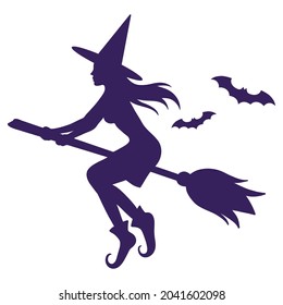 Silhouette of a witch flying on a broomstick and bats. Traditional Halloween symbol and decorative element. Vector cartoon isolated illustration.