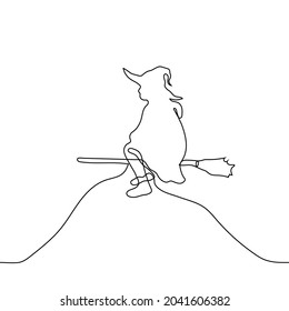 Silhouette Of A Witch Flying On A Broomstick - One Line Drawing. Woman In Pointed Hat Sitting Astride A Broomstick 