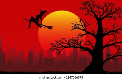 Silhouette einer Hexe, die auf einem Besticksspieß fliegt, und einer alten Eiche aus dem Zweig vor der Kulisse einer schönen untergehenden Sonne und einer Stadt in der Ferne