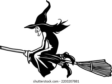 Silhouette witch flying on broomstick. Halloween vector