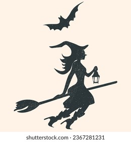 Silhouette witch flying on broomstick. Halloween vector.