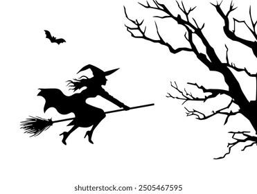 Silhouette of a witch flying on a broomstick, against a Halloween background with a black tree and bats. Vector illustration, isolated on a white background, with a simple design and shapes,