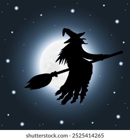 Silhouette of a witch flying on a broomstick.