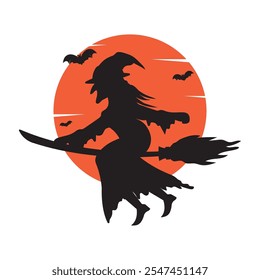 Silhouette of a witch flying on a broomstick. Happy Halloween. Vector illustration.