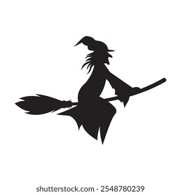 Silhouette of a witch flying on a broomstick. Happy Halloween. Vector illustration.