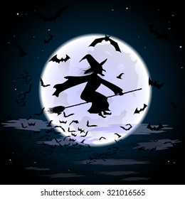 Silhouette of a witch flying on a broomstick across a full moon and a flock of bats at cloudy twilight for Halloween. Vector design