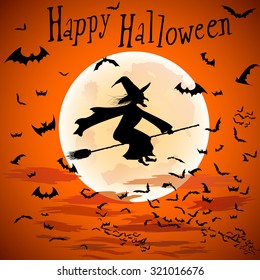 Silhouette of a witch flying on a broomstick across a full moon and a flock of bats at twilight in a cloudy orange sky. Happy Halloween writing, vector design.