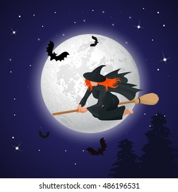 Silhouette of a witch flying on a broomstick across a full moon at twilight for Halloween. 