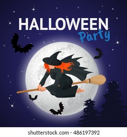 Silhouette of a witch flying on a broomstick across a full moon at twilight for Halloween.  Vector illustration
