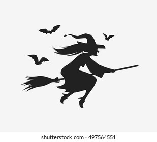 Silhouette witch flying on broomstick. Halloween vector