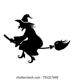 Silhouette witch flying on broomstick. Halloween Vector illustration