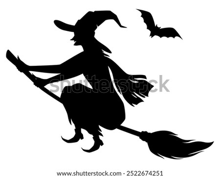 A silhouette of a witch flying on a broomstick, with her hair flying and a pointed hat, and a bat in the sky nearby.