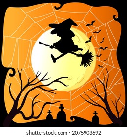 Silhouette witch flying on full moon illustration