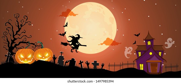 the silhouette of a witch is flying over the grave. halloween background with spooky tree and ghost