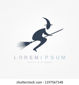 Silhouette of a witch flying, riding a broom. Vector illustration