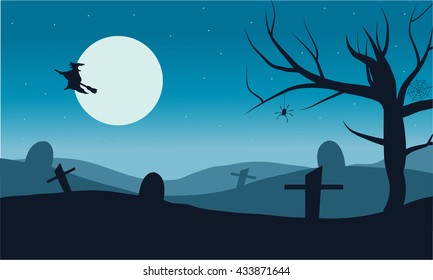 Silhouette of witch flying in tomb vector Halloween with full moon