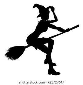Silhouette witch Halloween friendly cartoon character flying on a broomstick