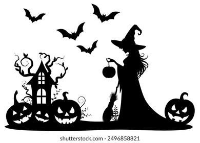 Silhouette witch in Halloween on white background. Bat flying above, evil pumpkins on the ground, witch walking around.