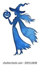 Silhouette of witch with halloween pumpkin, watercolor hand paint vector illustration