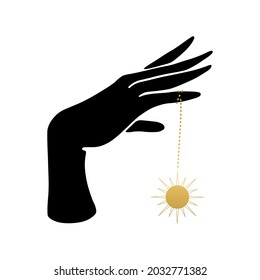 Silhouette of witch hand with talisman. Wicca, alchemy, mystical, magic, celestial, esoteric, sacred, spiritual, occultism inspired concept. Woman hands with crescent moon and stars. Hand drawn