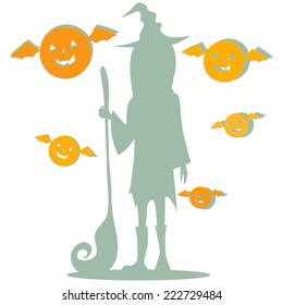 Silhouette of a witch hat with broom and pumpkin