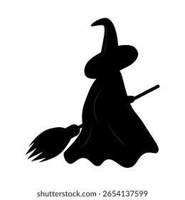 Silhouette Witch in hat and cloak with broom Sticker Icon Minimalistic Halloween Design element idea