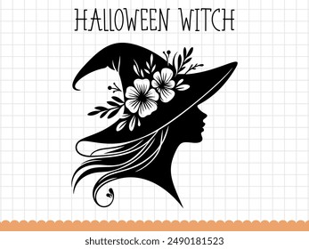 Silhouette of a witch in hat, Halloween vector illustration.