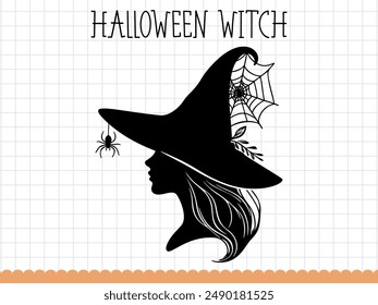 Silhouette of a witch in hat, Halloween vector illustration.