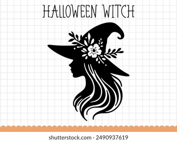 Silhouette of a witch in hat, Halloween vector illustration.