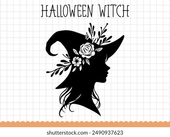 Silhouette of a witch in hat, Halloween vector illustration.