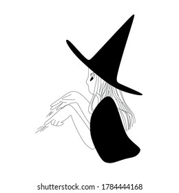 Silhouette of a witch with hat that conjures.Black and white witch on a white background.Halloween.Vector illustration