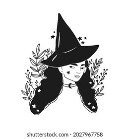 Silhouette of a witch in a hat. Vector file of a witch with flowers. Halloween clipart